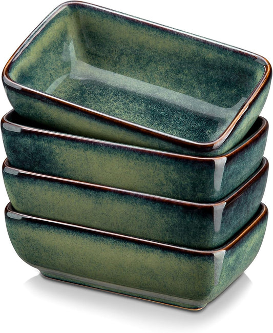 vancasso Stern 6 Oz Dipping Bowls, 4.5 Inches Ceramic Soy Sauce Dish, Rectangular Side Dishes, Small Appetizer Plates Set of 4, Green
