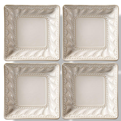 Artena Ceramic Square Dessert Plates Set of 4, 6 Inch Embossed Appetizer Plates for Snack, Bread, Sauce & Side Dish – Microwave & Dishwasher Safe, Scratch Resistant, White, Damask Floral