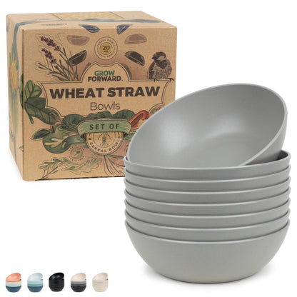 Grow Forward Premium Wheat Straw Bowls - 20oz Microwave Safe Plastic Cereal Bowls Set of 8 for Kitchen, Camping, RV, Dessert, Snack, Soup, Salad, Fruit - Reusable, Unbreakable & BPA Free - Sahara