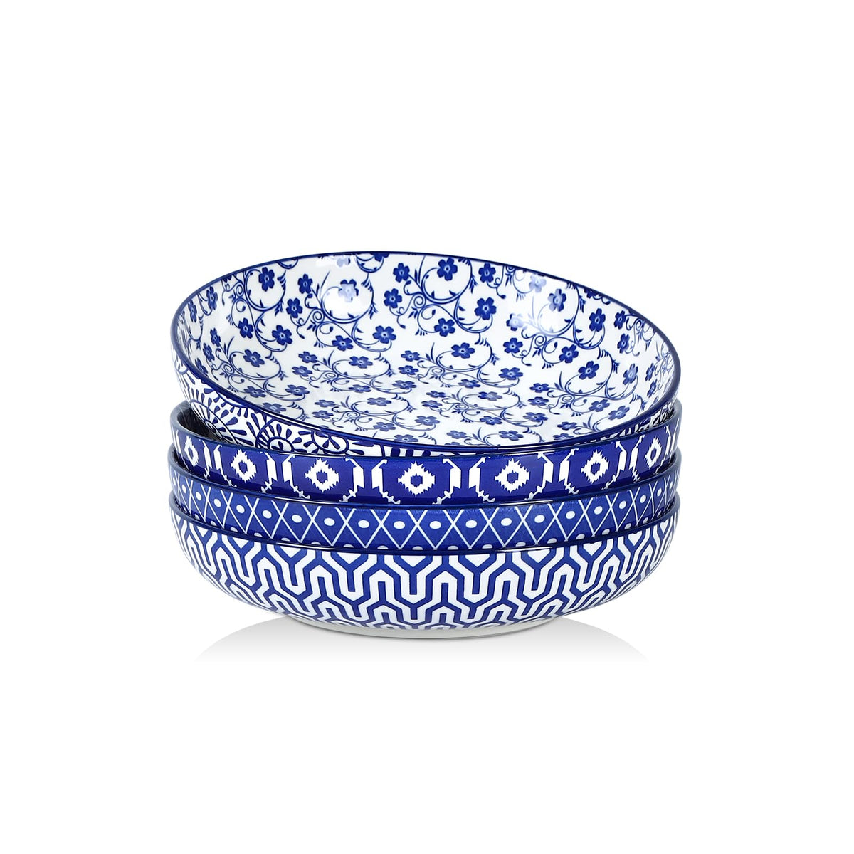 Selamica Porcelain 26 Ounce Pasta Bowls Set of 6, 8 inch Wide and Shallow Salad Bowls, Serving Bowls, Microwave & Dishwasher Safe, Sturdy & Stackable, Vintage Blue