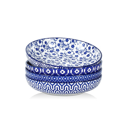 Selamica Porcelain 26 Ounce Pasta Bowls Set of 6, 8 inch Wide and Shallow Salad Bowls, Serving Bowls, Microwave & Dishwasher Safe, Sturdy & Stackable, Vintage Blue