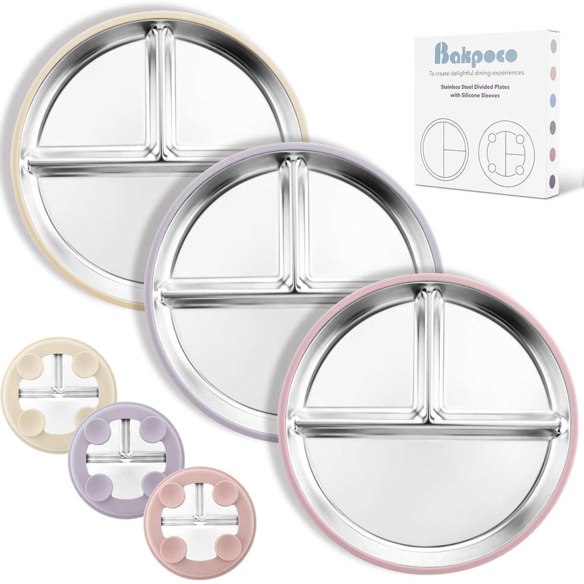 Bakpoco Stainless Steel Suction Plates for Toddlers, 8" Divided Kids Baby Plates with Removable Silicone Suction, Non Toxic Non Slip Portion Control Snack Dishes 3 Packs, Blue Gray Beige