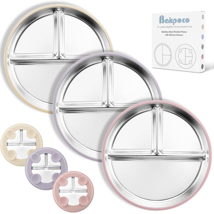 Bakpoco Stainless Steel Suction Plates for Toddlers, 8" Divided Kids Baby Plates with Removable Silicone Suction, Non Toxic Non Slip Portion Control Snack Dishes 3 Packs, Blue Gray Beige