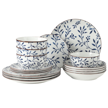 Gibson Home Cloudlight 12 Piece Plates and Bowls Dishes Brown and White - Decorated Porcelain Ceramic Dinnerware Set - Service for 4