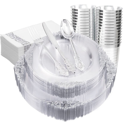 FLOWERCAT 200PCS Clear Plastic Plates Disposable Plates for Party - Clear Bulk Plastic Plates - 100 10" Dinner Plates and 100 7" Salad Plates for Weddings, New Year,Christmas Parties and Events