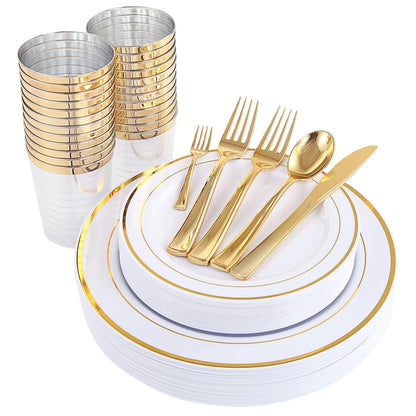 WDF 25 Guest Green Plastic Plates with Disposable Silverware&Green Cups-Neon Clear Plastic Dinnerware include 25 Dinner & Salad Plates,25 Forks, 25 Knives, 25 Spoons,25 Cups for Party