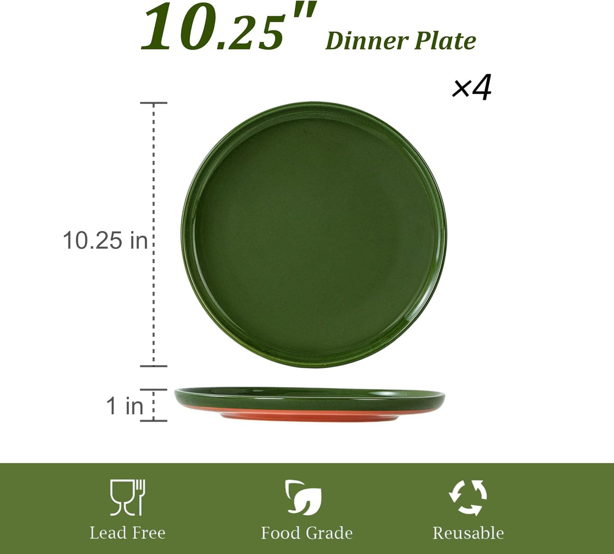 Ceramic Dinner Plates, 10.25 Inch, Set for 4, Elegant Green
