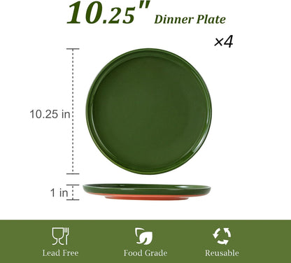 Ceramic Dinner Plates, 10.25 Inch, Set for 4, Elegant Green