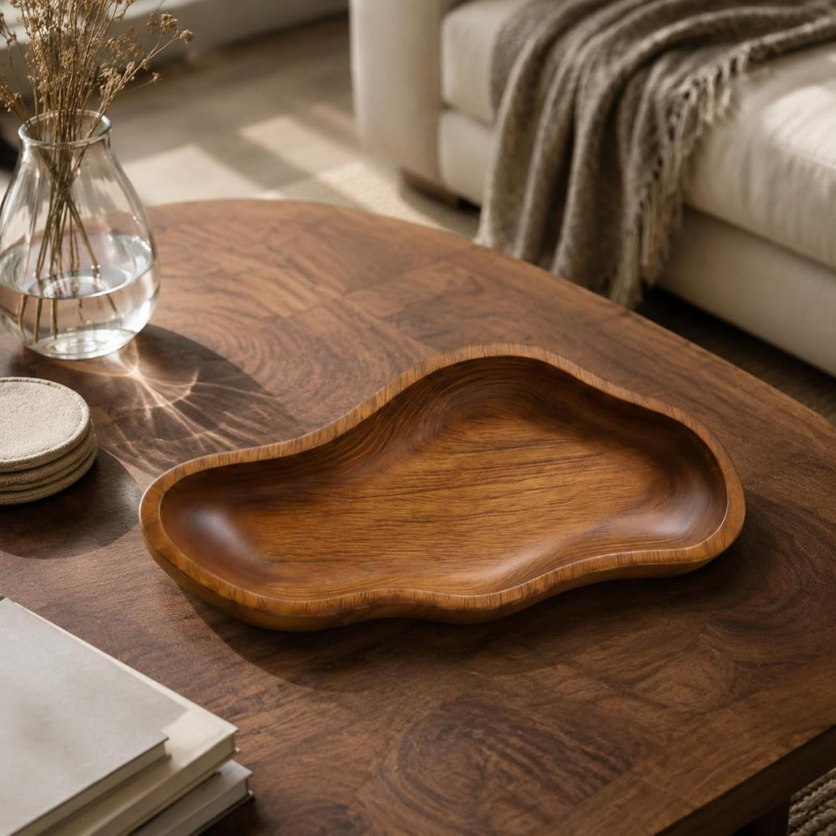 Wooden Serving Bowl Tray Platter Dish With Rustic Look And Shallow Basin For Easy Access Solid Carved Wood For Fruit Snacks Arrangement suitable for kitchen buffet coffee table, Wood Grain