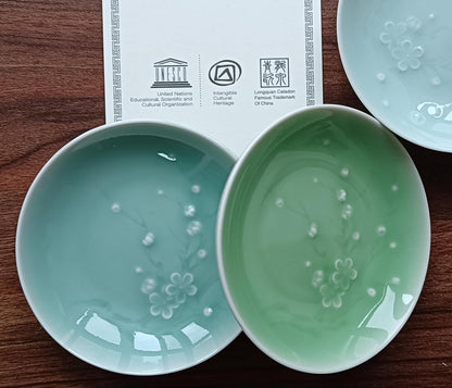 Longquan Celadon 4-inch Appetizer Plate,Vinegar Dish,Sushi Dipping Saucers,Ceramic Dessert Dishes,Natural Mineral Glaze 4 pcs(4 celadon)