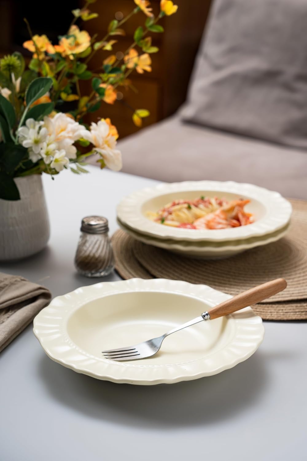8.6" Ceramic Wide Rim Soup Bowls Set of 2, Cream Color Embossed