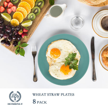 Homienly Wheat Straw Plates Unbreakable Flat Salad Plates Set of 8 Reusable Dinner Plate for Kitchen, Camping, RV, Microwave and Dishwasher Safe Plate Heavy Duty Paper Plates Alternative (Multi, 9in)