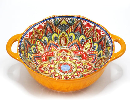 Bohemia Large Bowls with Handle, 40 oz Ceramic Soup Bowl for Salad, Pasta, Cereal,Fruit, Udon, Microwave & Dishwasher Safe (Orange)