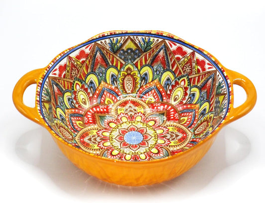 Bohemia Large Bowls with Handle, 40 oz Ceramic Soup Bowl for Salad, Pasta, Cereal,Fruit, Udon, Microwave & Dishwasher Safe (Orange)