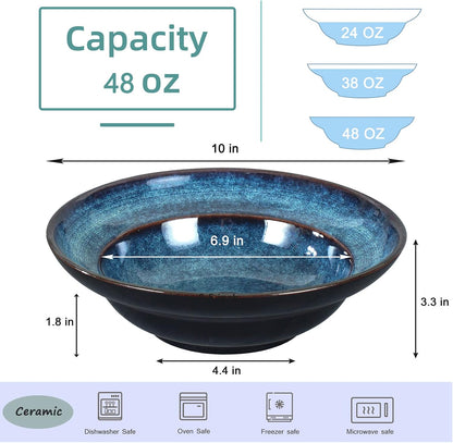 Ceramic Pasta Salad bowl, 10" Wide Rim Soup Bowls, 48oz Deep Porcelain Pasta Plate,Set of 2,Large Serving Bowls for Kitchen,Microwave Safe(Starry Blue)