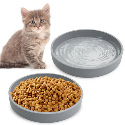 Silicone Cat Food Bowl Shallow Dishes 5.9in Wide Cats Bowls Set of 2 Kitty Plates Relief Whisker Fatigue Puppy Feeding Bowl for Dry Food and Wet Food Indoor (Round Green)