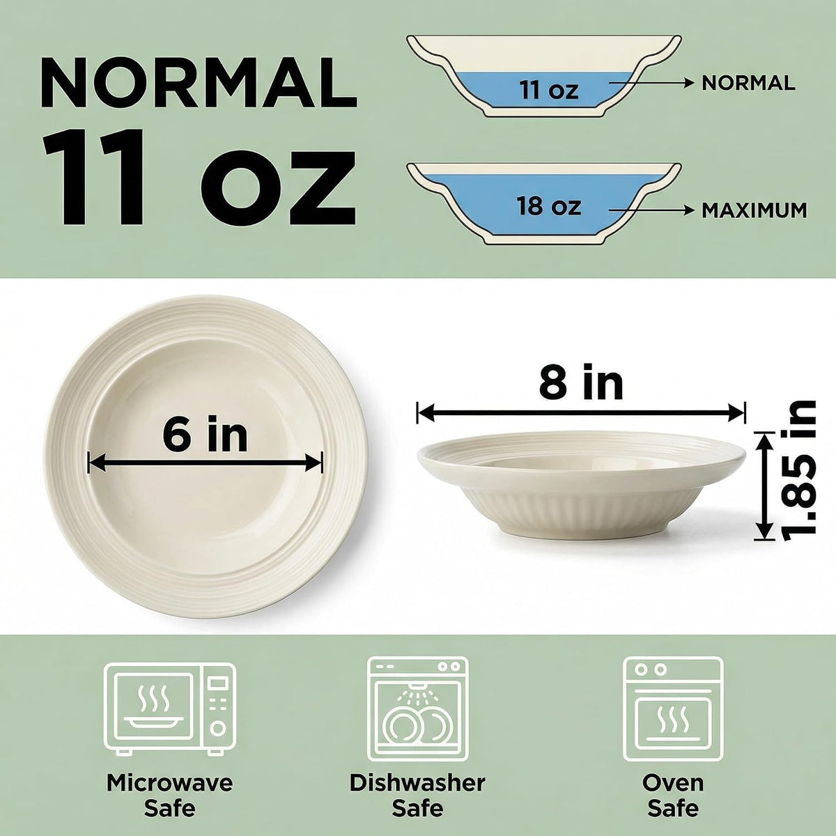Wide Rim Soup Bowls Set of 4, 11 oz, 8 Inch Cream Beige