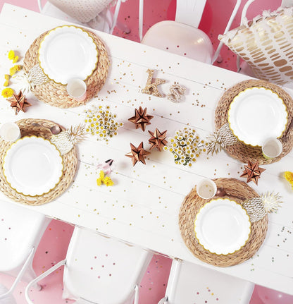 HEIPINIUYE 50 Pieces White Paper Plates with Gold Foil 7 Inch Disposable White Scalloped Dinner Plates for Wedding Baby Shower Birthday Party Dessert Plate