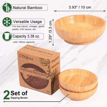 Small Bamboo Wooden Bowls Set of 2, Round Shallow Serving Bowls for Charcuterie/Fruit/Candy, 4 Inch Handmade Dipping Dishes for Spice/Salsa/Tomato Sauce