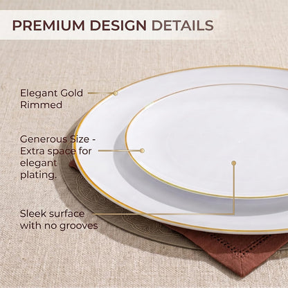 KIRE 100PCS White Plates with Gold Trim - Plastic Disposable Plates - Includes 50Pieces 10.25inch Dinner and 50Pieces 7.5inch Dessert/Salad Plastic Plate for Wedding Receptions/Party/Thanksgiving