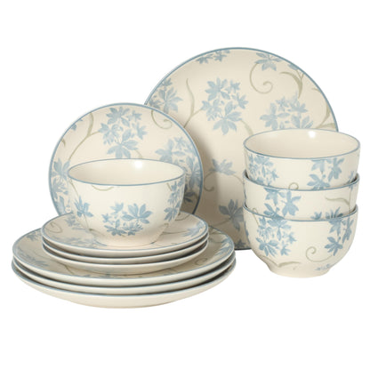 Gibson Home Cloudlight 12 Piece Plates and Bowls Dishes Brown and White - Decorated Porcelain Ceramic Dinnerware Set - Service for 4