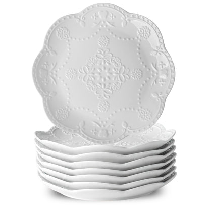 Neaylfe Ceramic Dinner Plates Set of 6, 10 inch Oval Embossed White Plates for Salad, Dessert, Appetizer, Steak, Large Flat Serving Plates for Kitchen, Restaurant, Parties