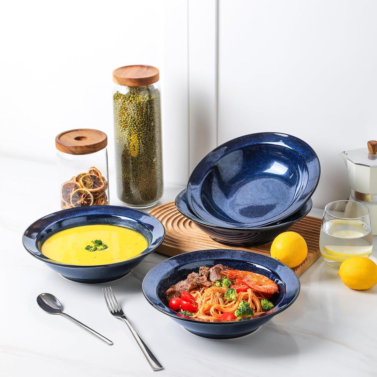 vicrays Wide Rim Soup Bowls - 27oz Ceramic Pasta Plates Bowl Set of 4 for Gumbo Salad Spaghetti Dipping Bread Dishes Home Restaurant Use - Microwave Dishwasher Oven Safe - Blue