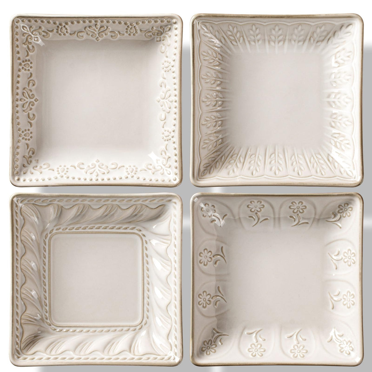 Artena Ceramic Square Dessert Plates Set of 4, 6 Inch Embossed Appetizer Plates for Snack, Bread, Sauce & Side Dish – Microwave & Dishwasher Safe, Scratch Resistant, White, Damask Floral