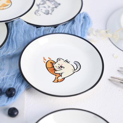 SOCOSY Super Cute Cartoon Animal Ceramic Sauce Dishes, Seasoning Dishes, Little Cat Dog Bird Feeding Bowls, Sushi Soy Dipping Bowls, Appetizer Plates, Dessert Plates, Set of 6-Cats-5 Inch