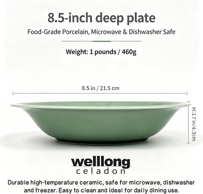 Deep Soup Plates Set of 2, 8.5" Longquan Celadon Ceramic Pasta Bowls