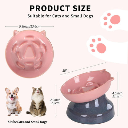 Ceramic Slow Feeder Cat Bowl, 15-Degree Tilted Non-Slip