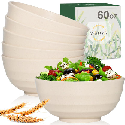 Wrova Wheat Straw Bowls Set 60 OZ Unbreakable Large Cereal Bowls Set of 6 Microwave and Dishwasher Safe Bowls Big Bowls for Camping and Picnic BPA Free Soup Bowl for Serving Oatmeal and Salad. Black