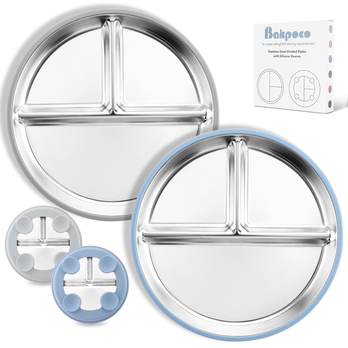 Bakpoco Stainless Steel Suction Plates for Toddlers, 8" Divided Kids Baby Plates with Removable Silicone Suction, Non Toxic Non Slip Portion Control Snack Dishes 3 Packs, Blue Gray Beige