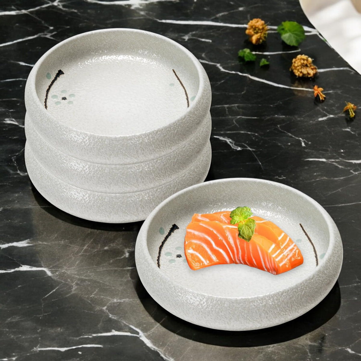 Urban Tokyo Japanese Living Zen Style Porcelain Shallow Dish Reactive Glazed Sashimi Korean Banchan Appetizer Snack Dish Set of 4 Restaurant Tableware (Flower Snow (Yuki No Hana))