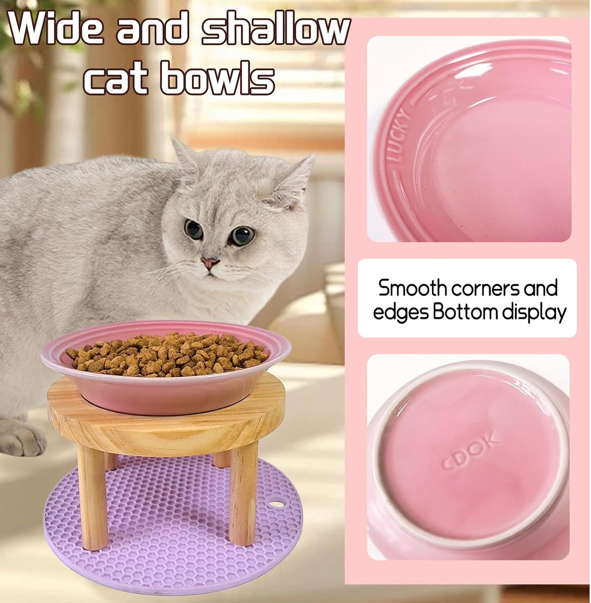 Elevated Cat Bowls Raised Ceramic Cat Dishes Adjustable Height Stand Whisker Fatigue Friendly Food Plates Feeding Station for Kittens Puppies Dog(Pink)