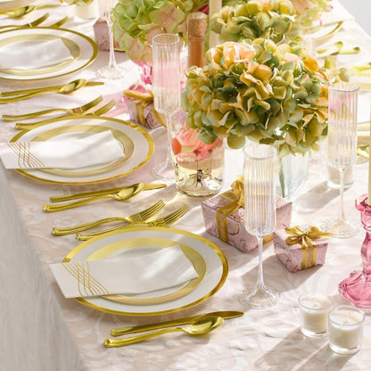 By Madee HEAVYWEIGHT White Plastic Plates with Gold Trim 175 PCS