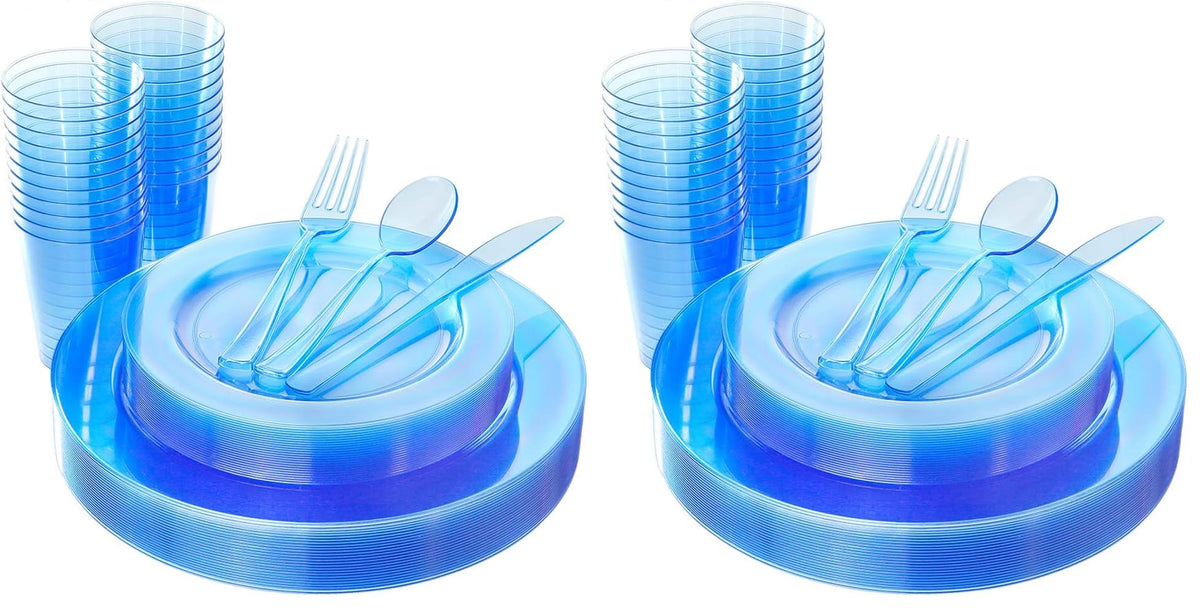 WDF 25 Guest Green Plastic Plates with Disposable Silverware&Green Cups-Neon Clear Plastic Dinnerware include 25 Dinner & Salad Plates,25 Forks, 25 Knives, 25 Spoons,25 Cups for Party