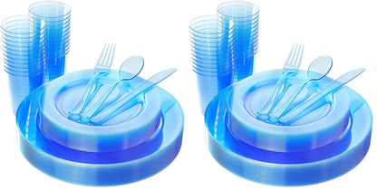WDF 25 Guest Green Plastic Plates with Disposable Silverware&Green Cups-Neon Clear Plastic Dinnerware include 25 Dinner & Salad Plates,25 Forks, 25 Knives, 25 Spoons,25 Cups for Party