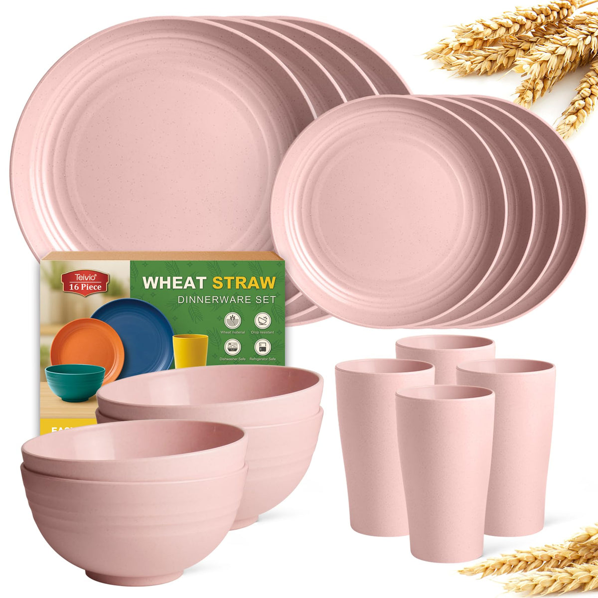 Teivio 16-Piece Kitchen Plastic Wheat Straw Dinnerware Set, Service for 4, Dinner Plates, Dessert Plate, Cereal Bowls, Cups, Unbreakable Plastic Outdoor Camping Dishes,Pink