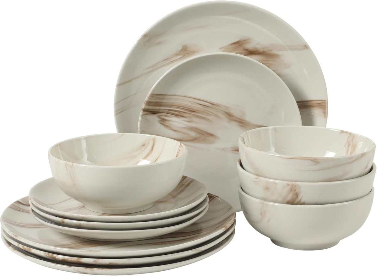 Gibson Home Cloudlight 12 Piece Plates and Bowls Dishes Brown and White - Decorated Porcelain Ceramic Dinnerware Set - Service for 4
