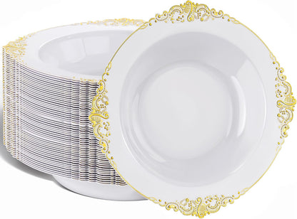 Nervure 50PCS White Plastic Bowls with Gold Rim - 12oz Disposable Soup Bowl