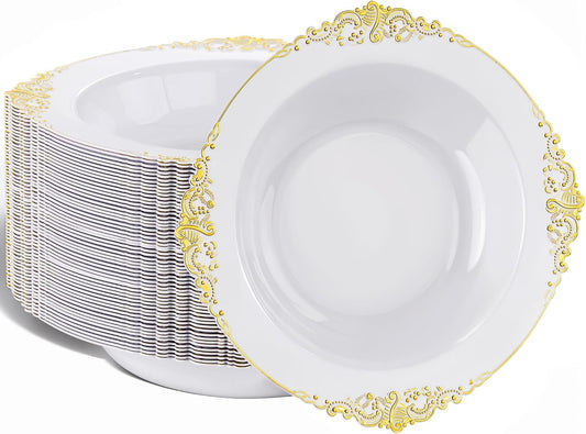 Nervure 50PCS White Plastic Bowls with Gold Rim - 12oz Disposable Soup Bowl