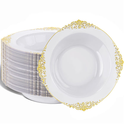 Nervure 50PCS White Plastic Bowls with Gold Rim - 12oz Disposable Soup Bowl