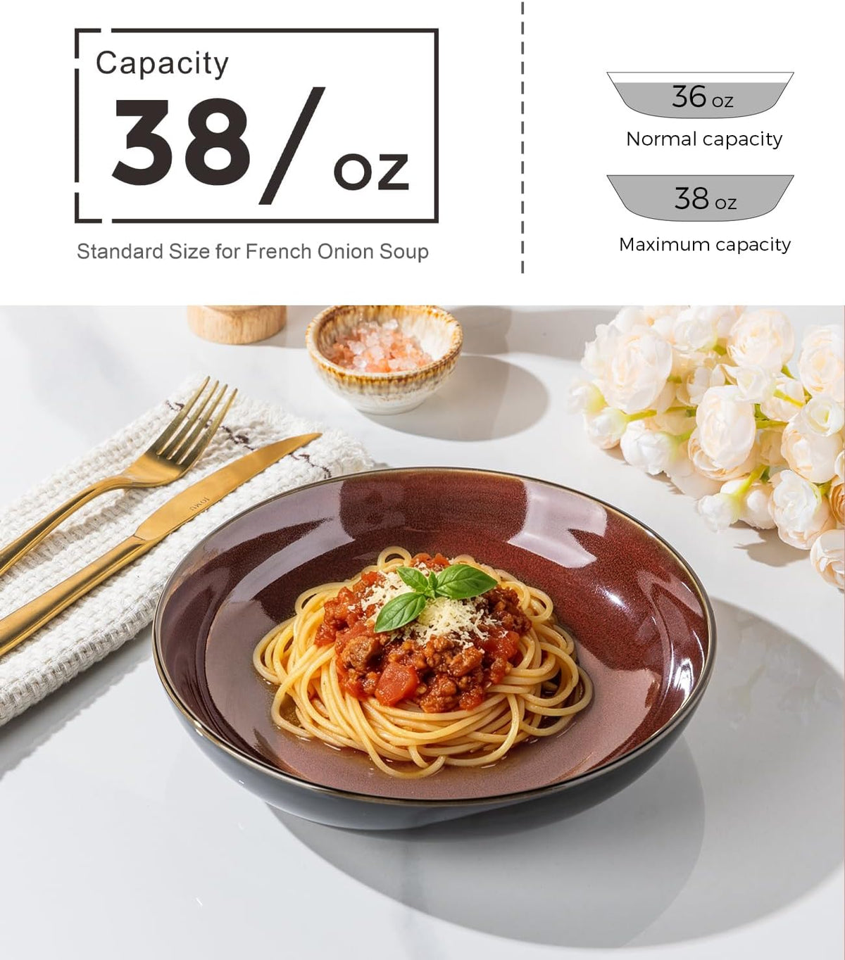 LERATIO 9.0" Ceramic Pasta Bowls Set of 4,38oz Large Stoneware Bowls Set