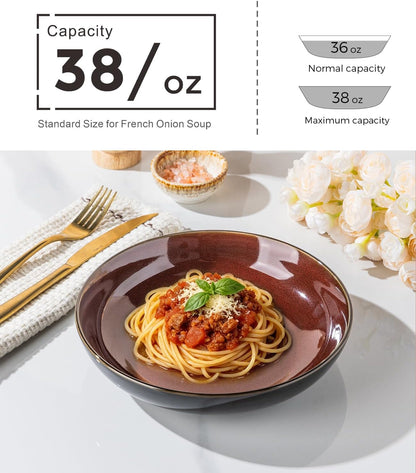 LERATIO 9.0" Ceramic Pasta Bowls Set of 4,38oz Large Stoneware Bowls Set