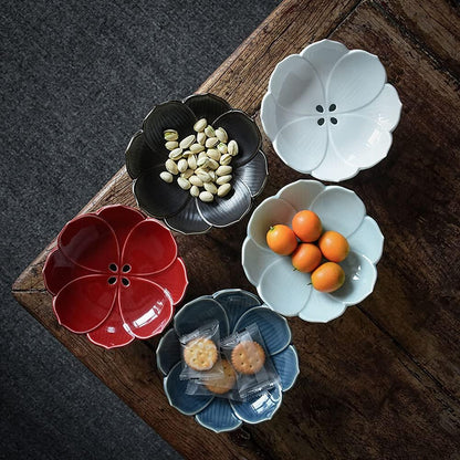 Pedestal Fruit Bowl Centerpiece, 6.3 Inch Ceramic Lotus Footed Bowl with Removable Drainage Base, Decorative Compote Serving Dish for Fruit, Bread, Snacks and Desserts, Red