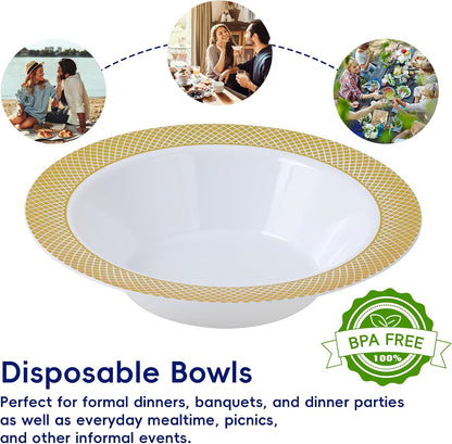 JOLLY CHEF Plastic Bowls with Gold Grid Rim Disposable 12oz Bolws 50Pack