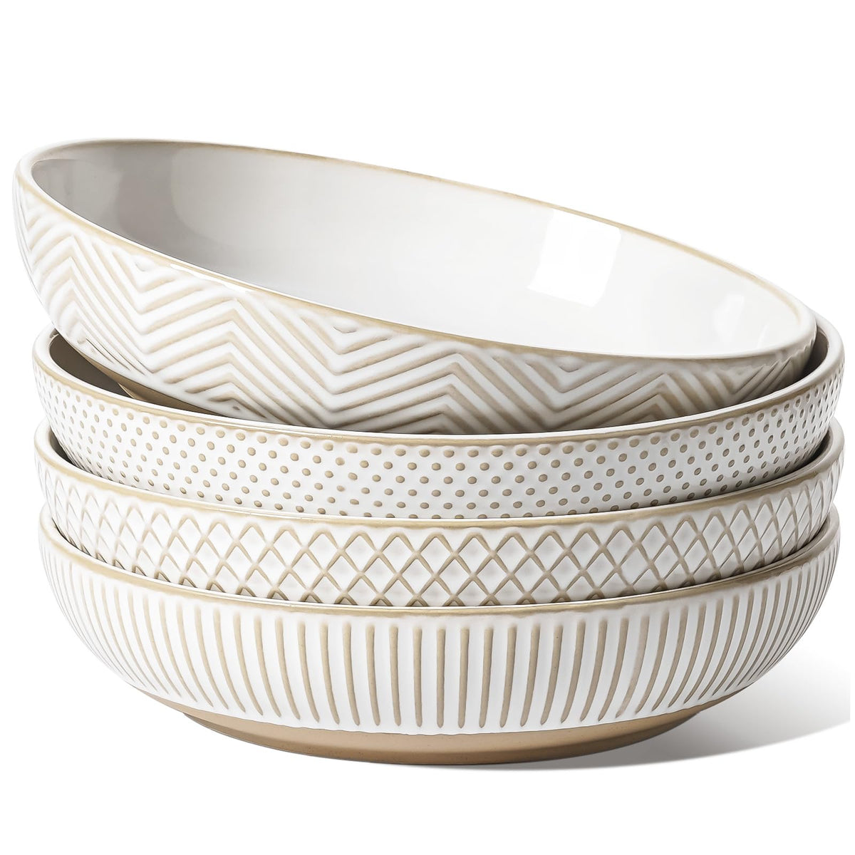 LE TAUCI Pasta Bowls 42oz, Large Salad Bowl, Ceramic Embossment Stoneware Serving Plate for Fruits, Noodle, Dinner, House-warming Wedding Present - 9 Inch, Set of 4, Arctic White