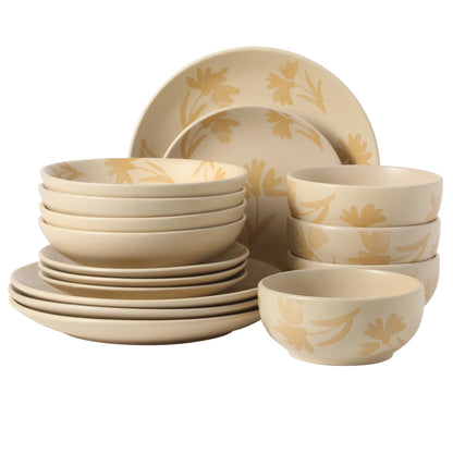 Gibson Home Cloudlight 12 Piece Plates and Bowls Dishes Brown and White - Decorated Porcelain Ceramic Dinnerware Set - Service for 4