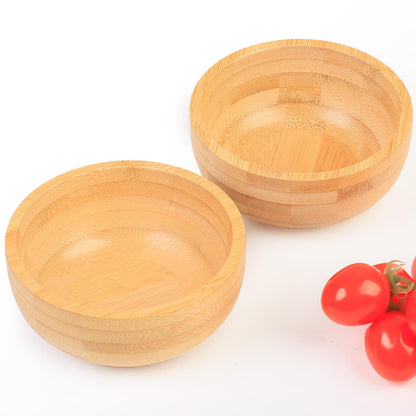 Small Bamboo Wooden Bowls Set of 2, Round Shallow Serving Bowls for Charcuterie/Fruit/Candy, 4 Inch Handmade Dipping Dishes for Spice/Salsa/Tomato Sauce